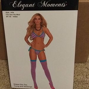 Striped bra top thong and stockings set NIP